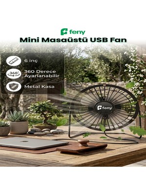 Feny F87 Masaüstü USB Vantilatör Mini Fan Metal 6 Inç 360 Derece Ayarlanabilir Sessiz Masa Fanı