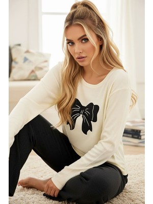 Siyah İnci Antrasit Fiyonk Nakışlı Pamuklu Fitilli Kaşkorse Örme Pijama TAKIM25226012