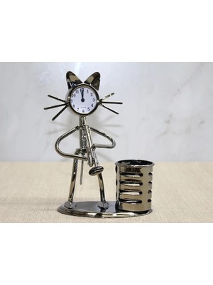 Renas Store Metal Saksafon Çalan Kedi Müzisyen Saat ve Kalemlik ALK4346