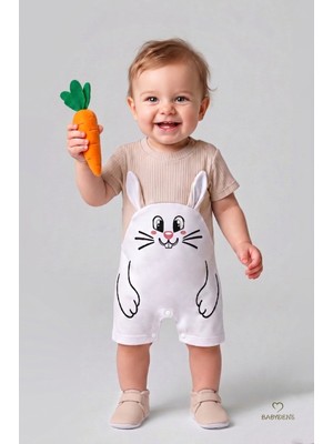 Babyden's Tavşan Baskılı Şortlu Erkek Bebek Tulum %100 Pamuk Yazlık Kısa Kollu Çıtçıtlı Yenidoğan Bebek Tulumu 0-9 Ay