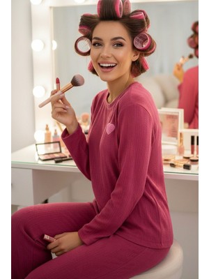 Siyah İnci Vişne Kalp Nakışlı Fitilli Yumuşak Tuşe Örme Pijama Takım