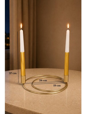 Edora Home Mat Gold 2'li Dekoratif Metal Halka Şamdan, 2 Adet Gold-Beyaz Mum Ince Uzun - Dekoratif Mumluk