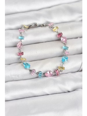 Renas Store Kristal Taşlı Baget ve Damla Kesimli Karışık Renkli Gümüş Renk Gema Kadın Bileklik TJ-BB8536