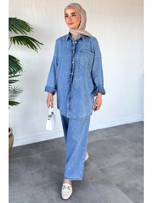 Julude Taş Işlemeli Bel Lastikli Pantolon Ön Çıtçıtlı Tunik Tesettür Ikili Takım P-00022528