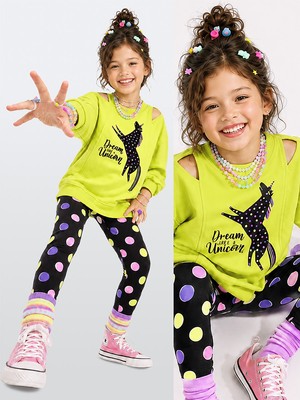 Denokids Kız Çocuk Takım Unicorn Sweatshirt - Puantiye Tayt Takım (4-10 Yaş)