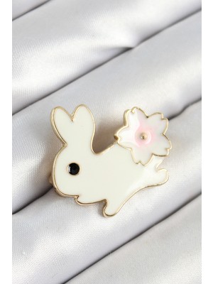 Renas Store Mineli Çiçek Detaylı Krem Tavşan Figürlü Gold Renk Kadın Broş TJ-BR452
