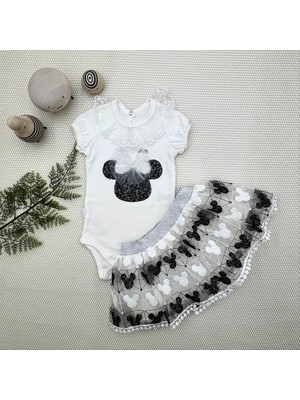 Usm 1-2-3 Yaş Payetli Mickey Nakışlı  Kısa Kollu Brode Etekli 2li Kız Bebek Takımı 2 Yaş Siyah