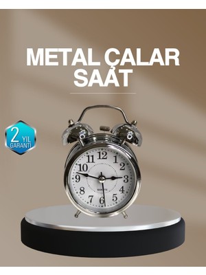 Renas Store Dekoratif Yuvarlak Gümüş Sessiz Işıklı Masa Üstü Çalar Saat Alarmlı ve Şık Tasarım