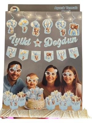 Bg Store Jl Ayıcık Temalı Doğum Günü Parti Seti, Mavi, 29 Parçalı, Banner, Tavan Sarkıt, 3D Gözlük, Pasta Figürü ve Mısır Kutusu (Mavi, Doğum Günü Konseptli Dekorasyon Paketi)