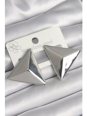 Renas Store Pirinç Gümüş Renk 3D Üçgen Model Kadın Küpe - TJ-BKP10230