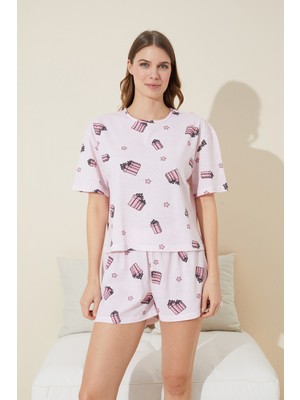 Siyah İnci Pembe Hediye Kutusu Desenli Örme Şort-Pijama Takım