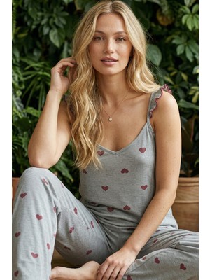 Siyah İnci Koyugri Desenli Fitilli Kaşkorse Örme Pijama Takım 26120651