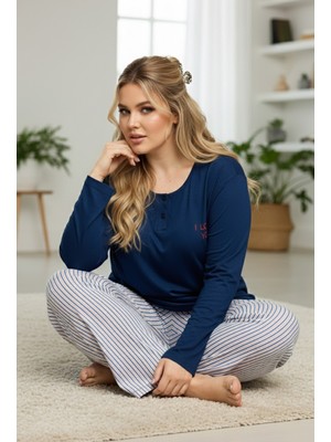Siyah İnci Lacivert Desenli Curve Büyük Beden Battal Boy Pamuklu Pijama TAKIM25240772