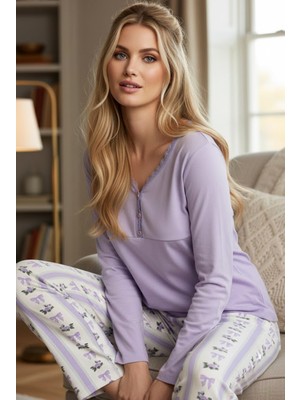 Siyah İnci Lila Desenli Örme Pamuklu Pijama TAKIM25240234