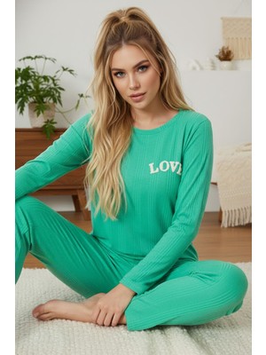 Siyah İnci Yeşil Love Nakışlı Fitilli Örme Pijama TAKIM25226001