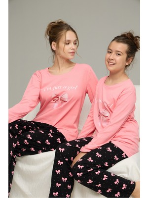 Siyah İnci Somon Kurdele Desenli Pamuklu Bisiklet Yaka Örme Pijama TAKIM25241132
