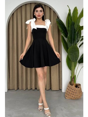 Woman Vision Kadın Siyah Krep Kumaş Şeritli Straplez Yaka Bağlama Askılı Tasarım Kloş Mini Elbise 245