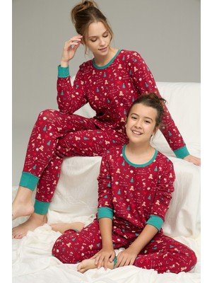 Siyah İnci Bordo Yılbaşı Desenli Pamuklu Bisiklet Yaka Örme Pijama TAKIM25241131