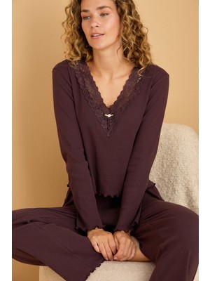 Siyah İnci Mürdüm Pamuklu Dantelli Fitilli Örme Pijama TAKIM25226005