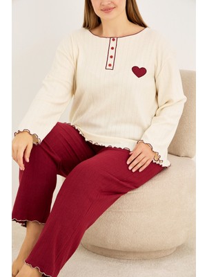 Siyah İnci Bordo Kalp Nakışlı Büyük Beden Örme Interlok Pijama TAKIM25228002