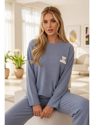 Siyah İnci Mavi Nakışlı Havlu Kumaş Örme Pijama TAKIM25226007