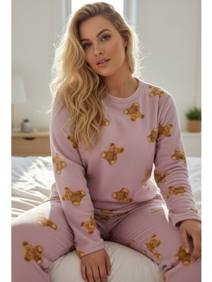 Siyah İnci Pembe Ayıcık Desenli Büyük Beden Polar Kışlık Örme Pijama Takım