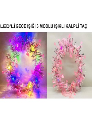 Renas Store Kalp Püsküllü Gece Parıltısı 3 Modlu LED39LI Işıklı Taç Pembe Renk
