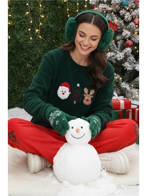 Siyah İnci Yeşil Yılbaşı Temalı Nakışlı Polar Kışlık Örme Pijama Takım