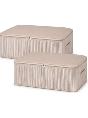 Bg Store 75X40X20 cm Yatak Altı Hurç Düzenleyici, Sağlam Taşıma Kulplu Fermuarlı Saklama Hurcu, Çizgili Dayanıklı Kumaş Hurç, Yorgan Battaniye Nevresim Saklama Kutusu (2, Bej)