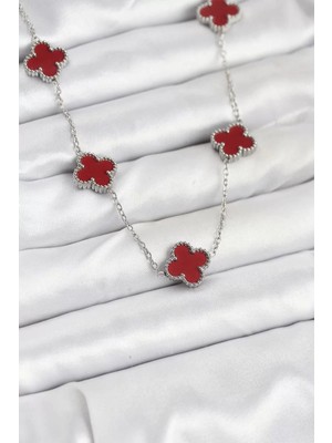 Renas Store 316L Çelik Zincir Gümüş Renk Bordo Renk Yonca Kadın Kolye - TJ-BKO10569