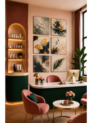Zera Wall Mdf Tablo 6’lı Lacivert, Bej ve Gold Çiçekli Botanik Set – Güzellik Salonu, Kuaför ve Ofis Duvar Dekorasyonu