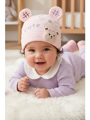 Bambik Kayra Baby Kız Bebek Cute Ayıcık Figürlü Penye Şapka 0-9 Ay