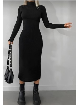 Exit Collection Balıkçı Yaka Vücudu Saran Kadın Triko Uzun Elbise 125 cm