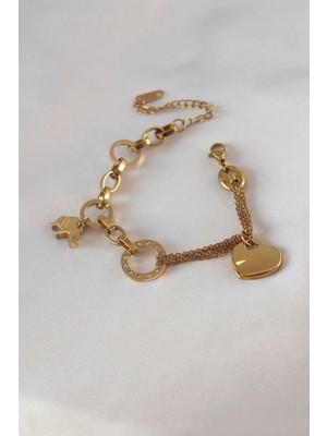 Renas Store 316L Çelik Gold Renk 2'li Zincir Model Zirkon Taş Detay Kadın Bileklik 5886
