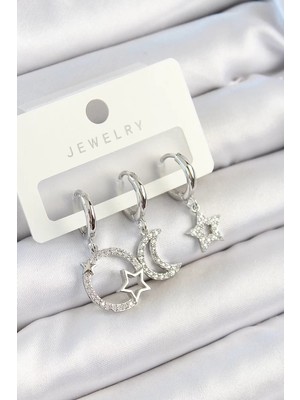 Renas Store Pirinç Zirkon Taşlı Ay ve Yıldız Model Gümüş Renk 3'lü Çift Kadın Küpe Set - TJ-BKP10797