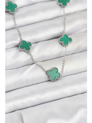 Renas Store 316L Çelik Zincir Gümüş Renk Yeşil Yonca Kadın Kolye - TJ-BKO10568