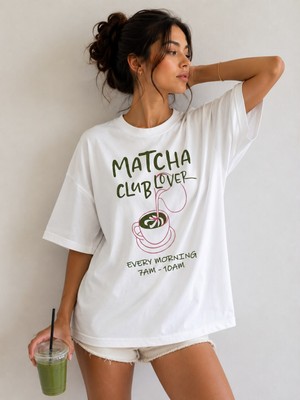 Nileq Boutique Matcha Club Lover Baskılı Oversize Beyaz Kadın T
