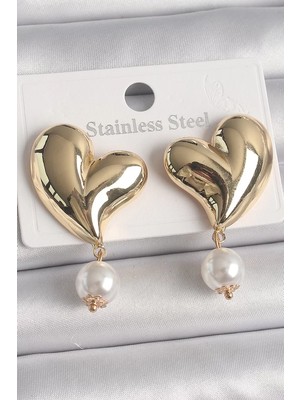 Renas Store Pirinç Gold Renk Kalp Model Sallantı Inci Detay Kadın Küpe - TJ-BKP10080