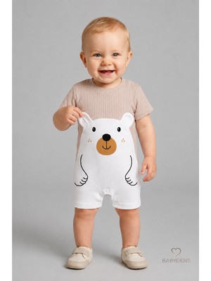Babyden's Erkek Bebek Ayıcık Baskılı Kısa Kollu %100 Pamuk Yazlık Bebek Tulumu Yenidoğan Günlük Tulum 0-9 Ay