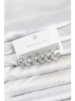 Renas Store 316L Çelik Gümüş Renk Baget Zirkon Taşlı Halka Küpe Seti - TJ-BKP11529