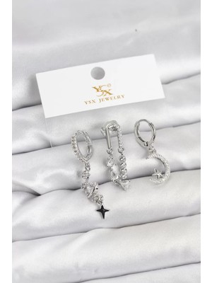 Renas Store Pirinç Gümüş Renk Zirkon Taşlı Uzay Model Ysx Trio Küpe Seti - TJ-BKP11569