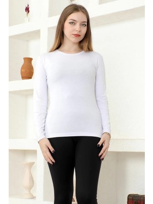 Renas Store Rahat ve Şık Uzun Kollu Bisiklet Yaka Likralı Viskon Penye Body Beyaz
