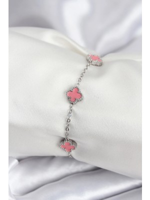 Renas Store 316L Çelik Gümüş Renk Pembe Baby Boy Yonca Kadın Bileklik