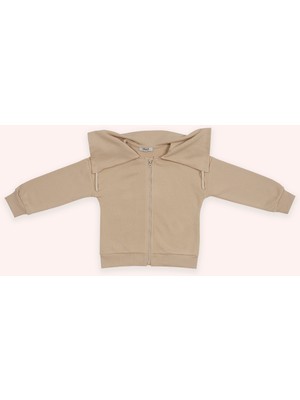 Panço Kız Çocuk Geniş Yaka Detaylı Fermuarlı Bej Sweatshirt