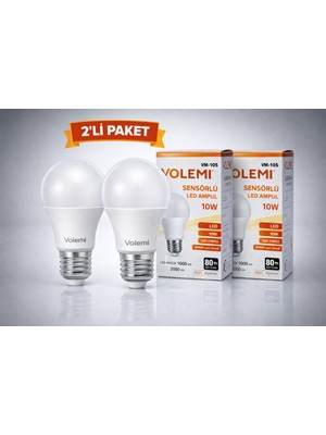 TeknoKapsül Volemi VM-10S Sensörlü LED Ampul 10W 2000 Lümen E27 Duy 50000 Saat Ömür Enerji Tasarruflu Beyaz Işık 2 Adet