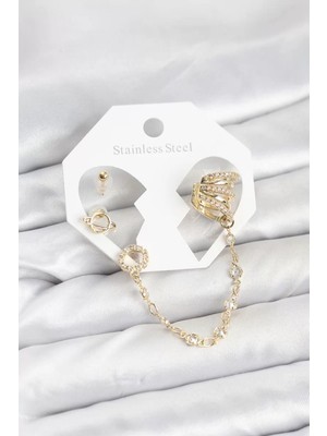 Renas Store Uzay Model Pirinç Gold Renk Zincir Bağlantılı Ear Cuff Küpe Seti - TJ-BKP11546