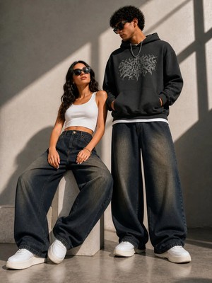 St.Poll Kahve Eskitme Vintage Yıkama Unisex Baggy Jeans Pantolon