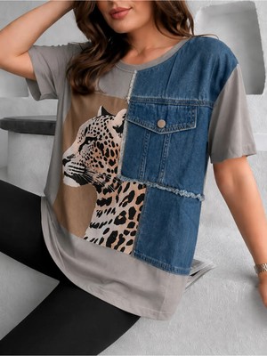 Bella Vita Butik Bellavita Botuique Leopar Baskılı Denim Cep Detaylı Oversize Tişört Gri