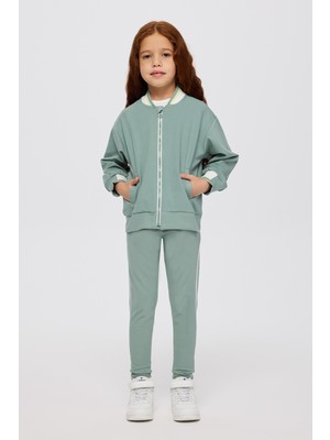 Panço Kız Çocuk Kolej Yaka Yakası Çizgili Fermuarlı Yeşil Sweatshirt