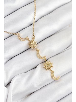 Renas Store 316L Çelik Zirkon Taşlı Güneş ve Ay Model Gold Renk Kadın Kolye - TJ-BKO10548